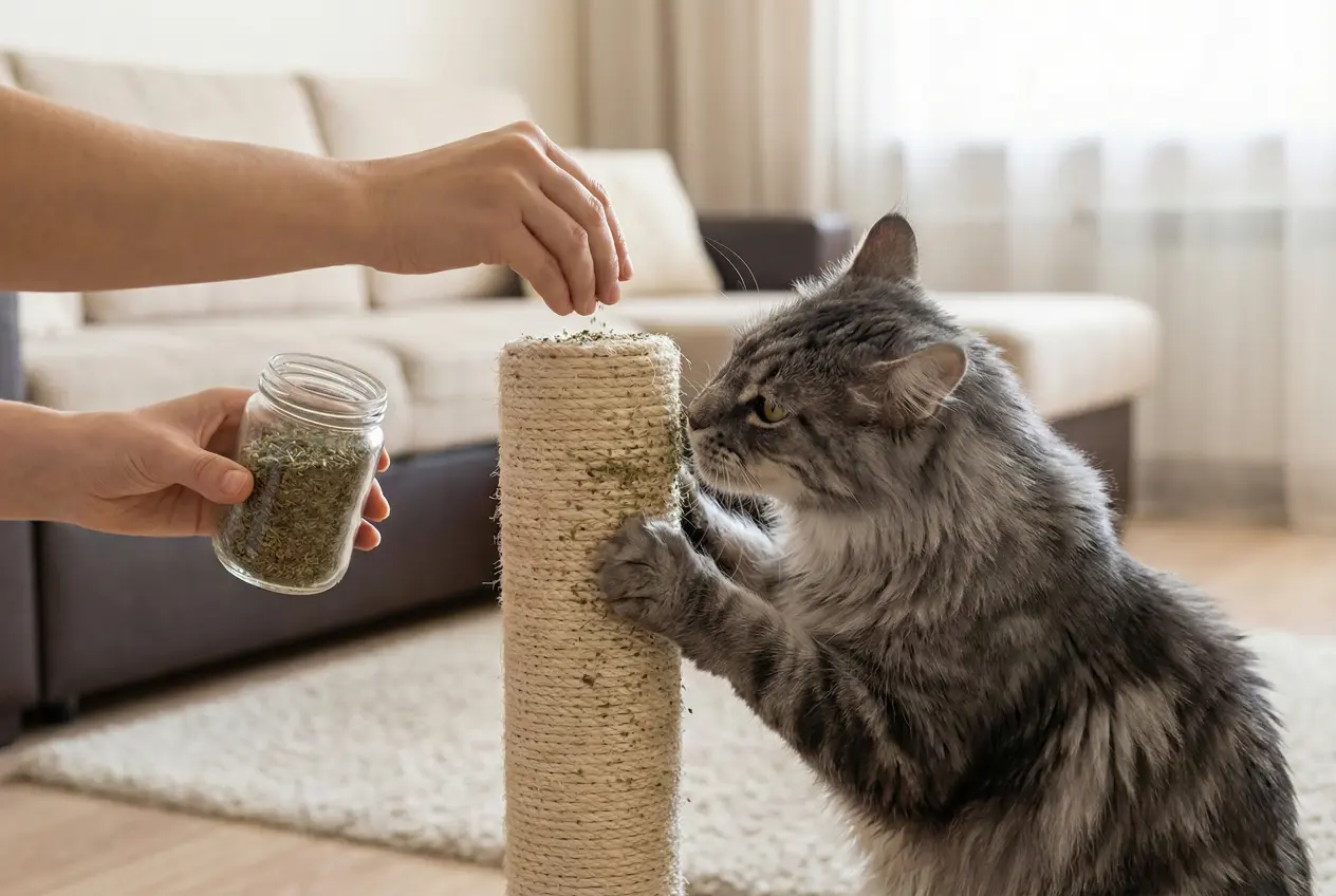 herbe aux chats sur un griffoir